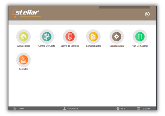 Original Stellar ACCOUNT menu: fixed assets, cost center, year-end closing, entries, settings, chart of accounts and reports