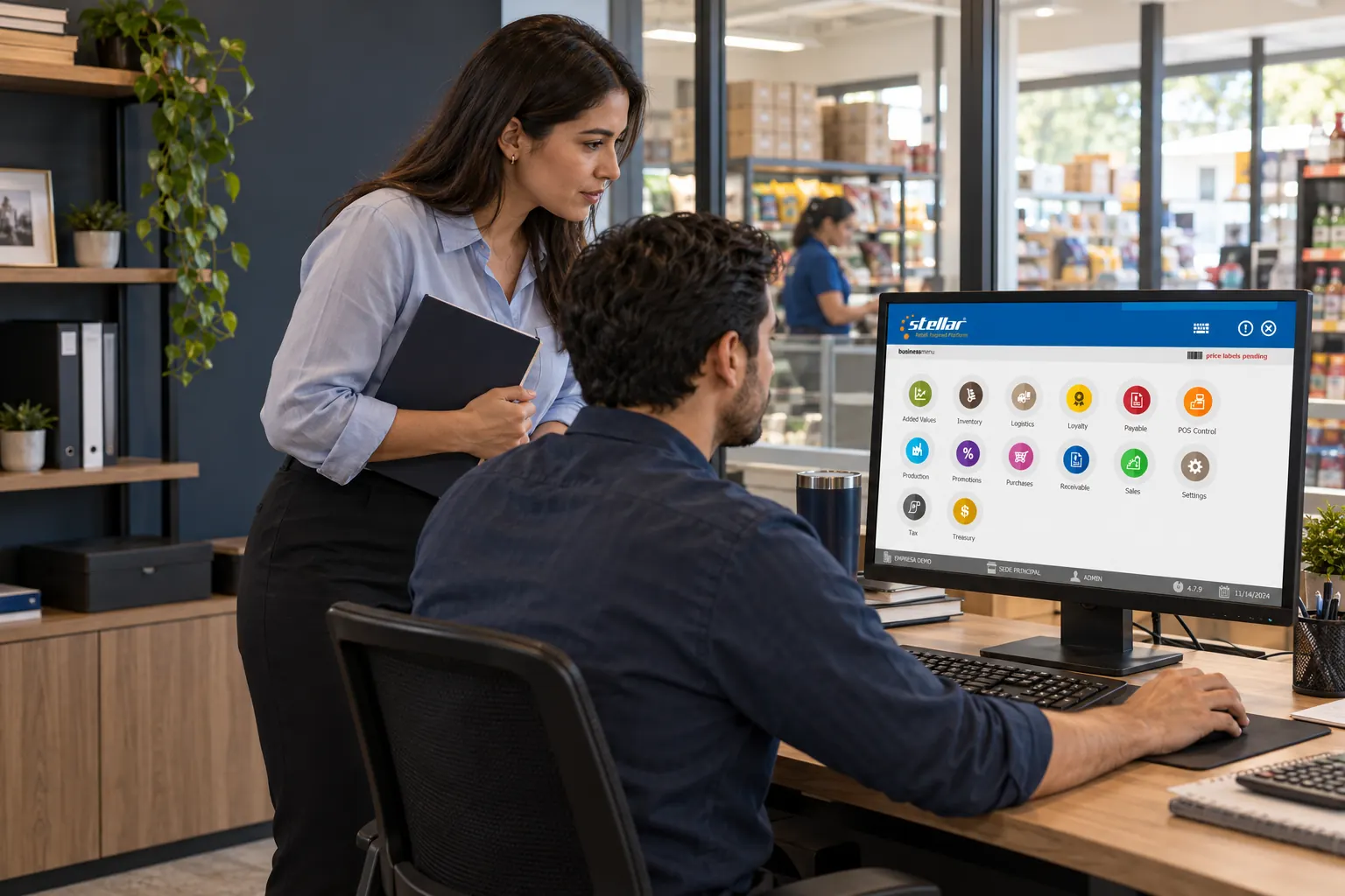 Team coordinating business management from an office connected with operations; generated scene