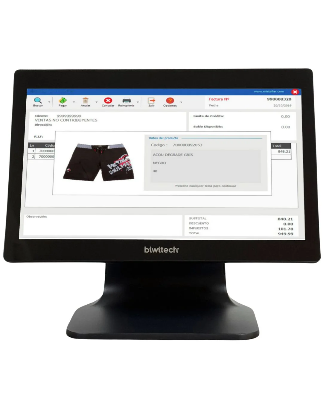 Original Stellar BIZ interface on a Biwitech terminal, showing product details and a sales document