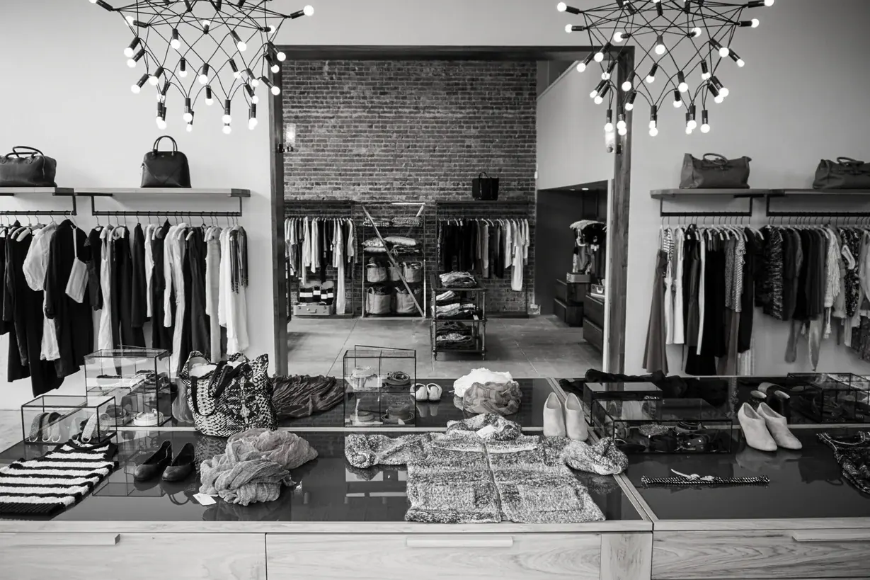 Interior de una tienda de moda con sus productos organizados