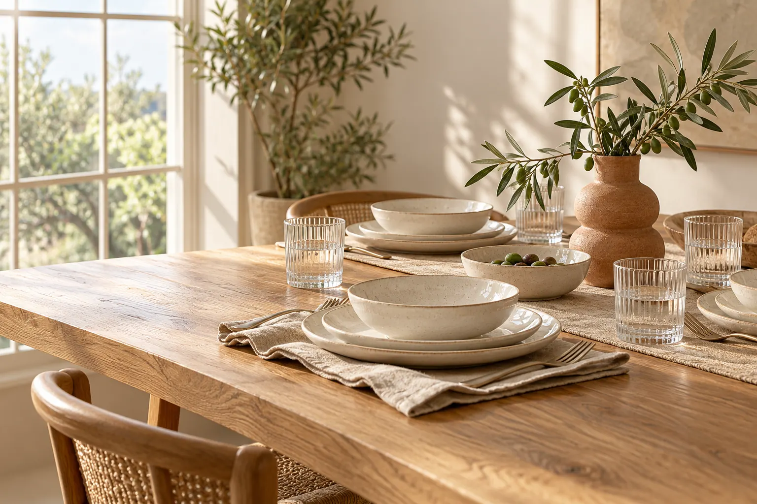 Vajilla, textiles y decoración sin marcas en una mesa de comedor