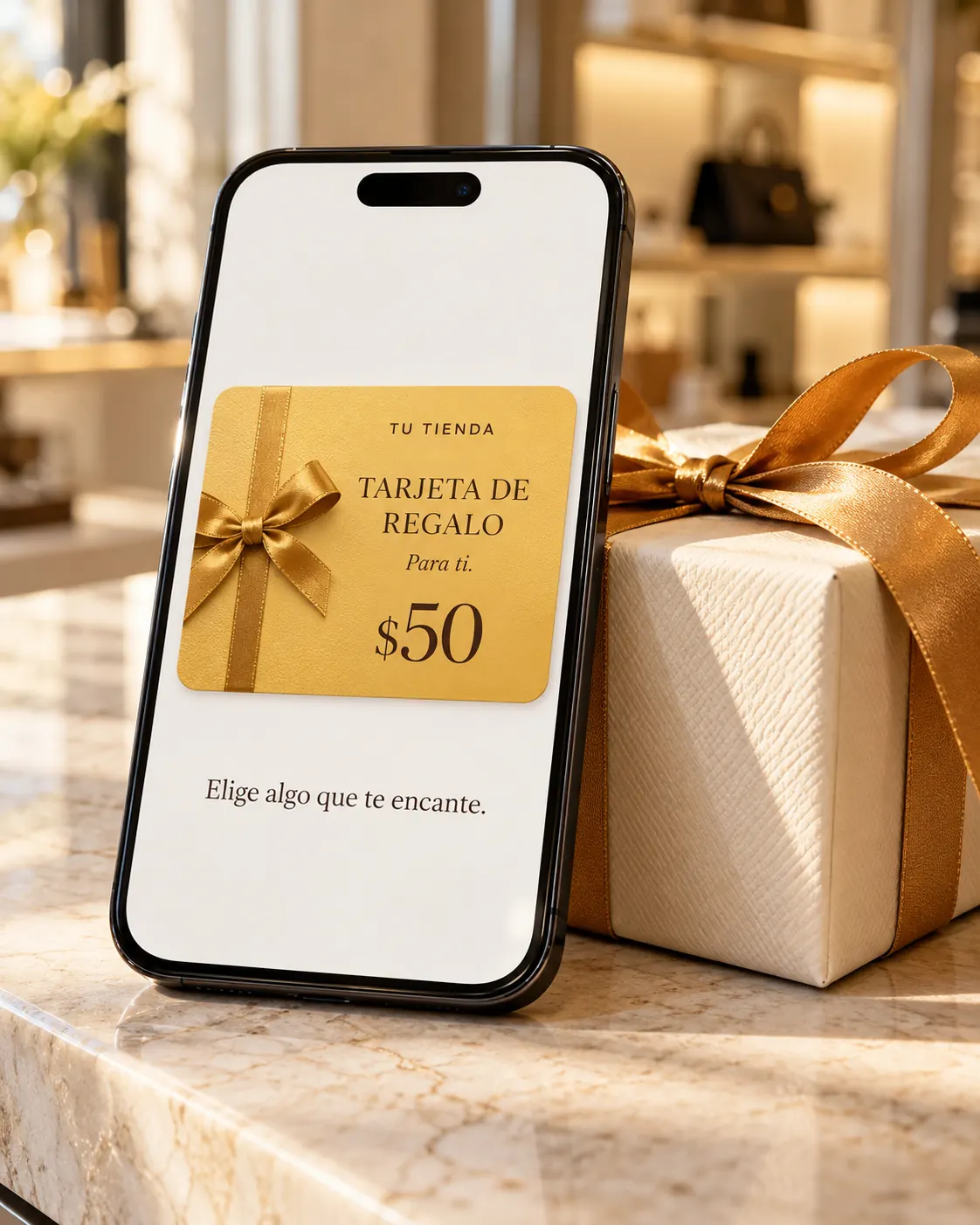 Representación fotográfica de una tarjeta digital de regalo Tu Tienda en un teléfono, junto a un regalo con cinta dorada