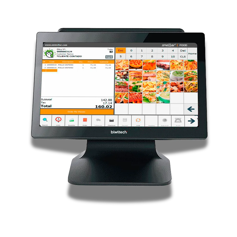 Terminal Biwitech con la interfaz de Stellar FOOD: pedido, productos, total y funciones de caja