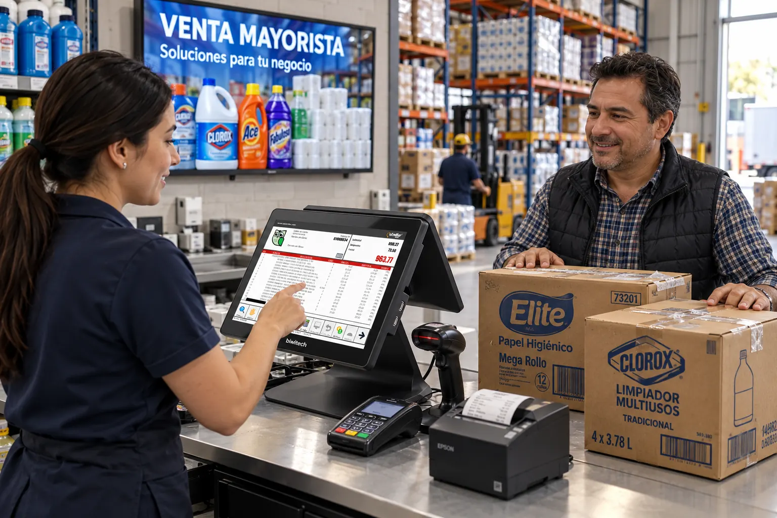 Atención a un cliente mayorista con Stellar POS en el mostrador de un almacén