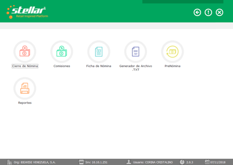Original Payroll module screenshot: closing, commissions, payroll records, TXT file, pre-payroll and reports