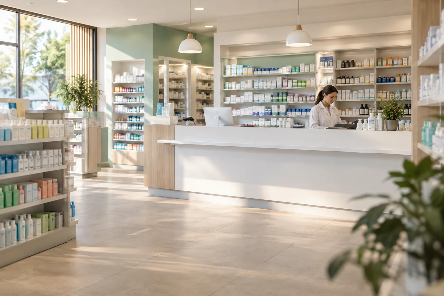 Farmacia con mostrador y estanterías de productos