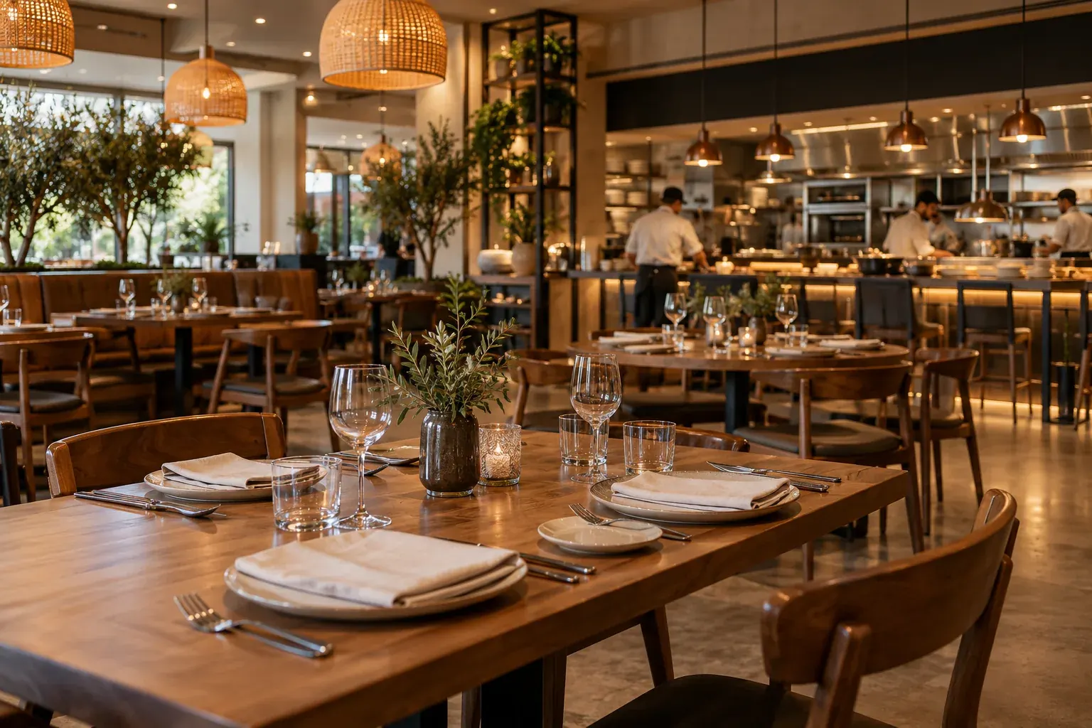 Restaurante con mesas preparadas y cocina al fondo