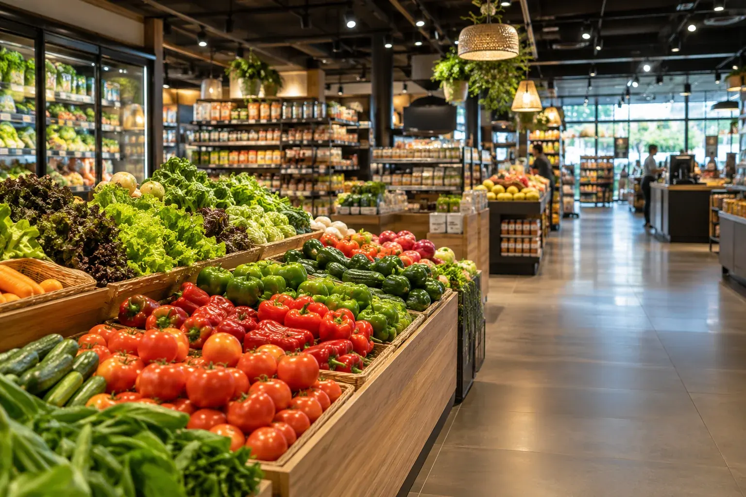 Supermercado con productos frescos y pasillos de compra