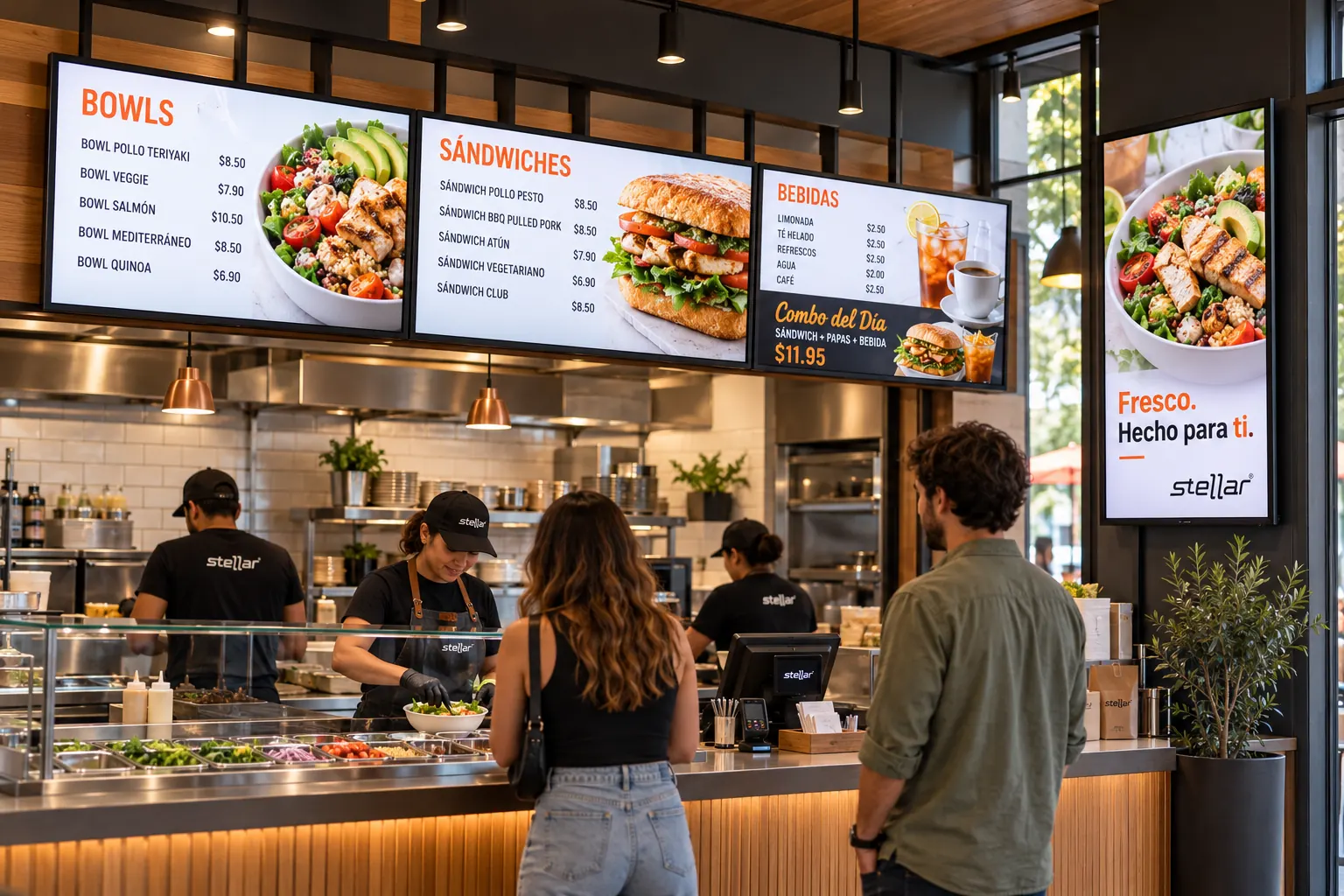 Menús digitales en el mostrador de un restaurante; escena generada
