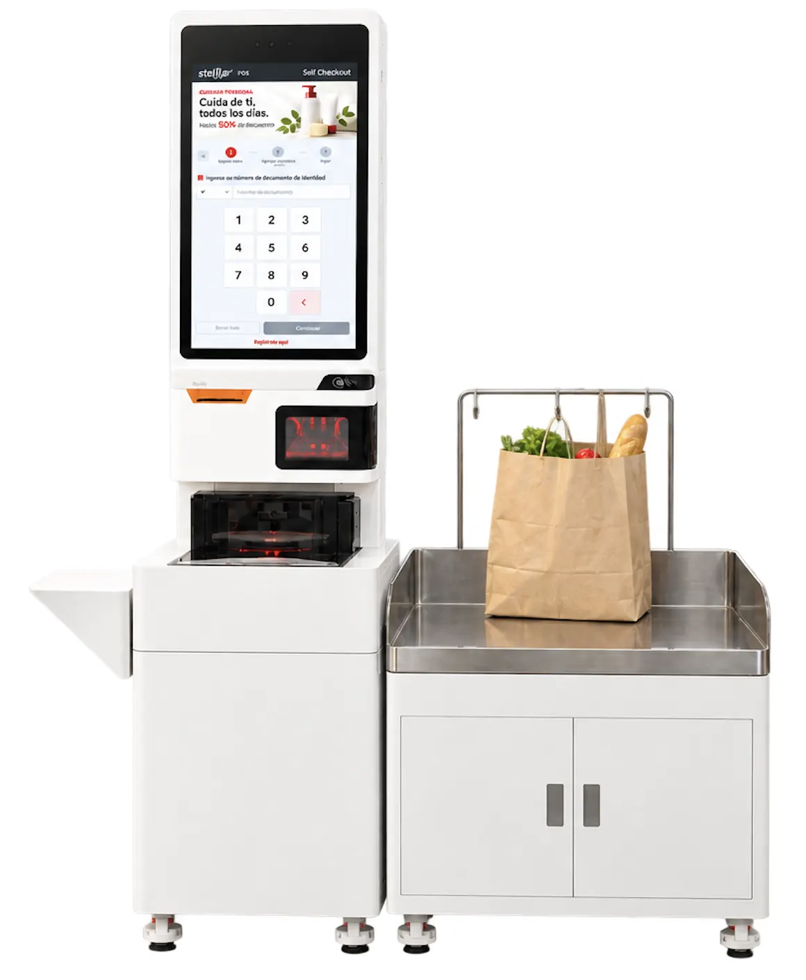 Stellar SelfCheckout con balanza y escáner integrados, portabolsas y mesón de empaque