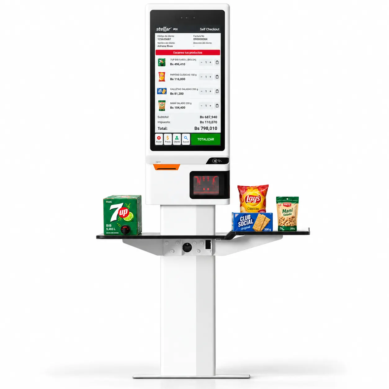 Terminal Stellar SelfCheckout con pantalla táctil, lector, impresora y stand con bandejas
