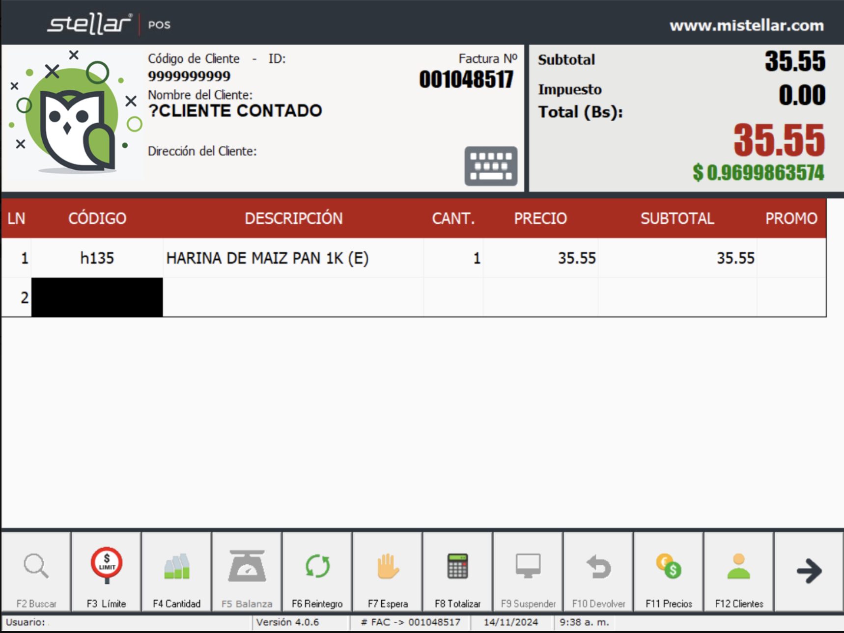Interfaz de Stellar POS: datos del cliente, productos, totales y accesos a funciones de caja