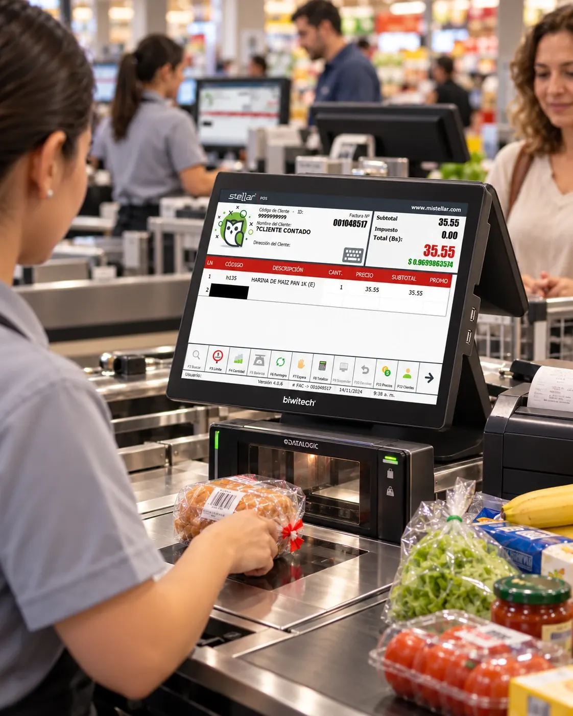 Línea de cajas con POS Biwitech Quantum Duo, interfaz Stellar POS y balanza con escáner Datalogic; escena ilustrativa