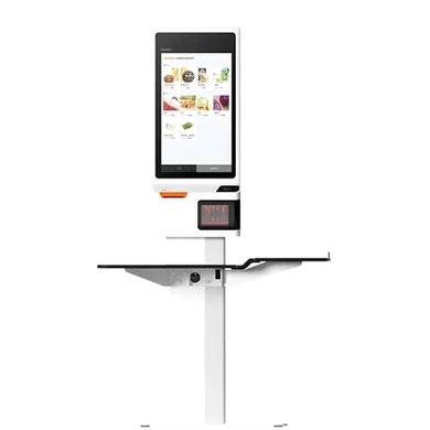 Kiosco de autopago con pantalla vertical y superficie de apoyo
