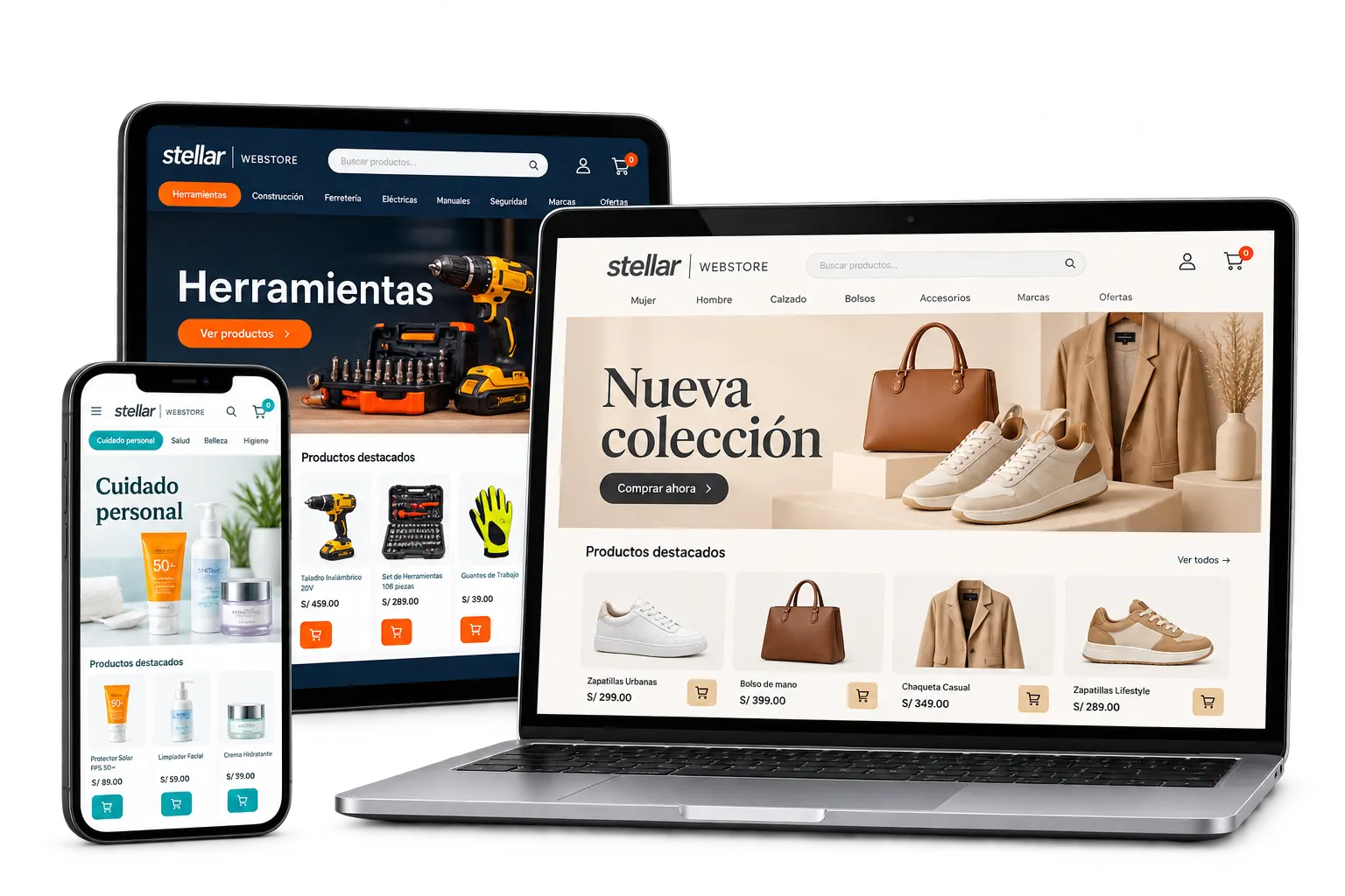 Tiendas online de moda, ferretería y farmacia en computadora, tablet y teléfono